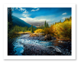 North American Wildlife Art Print, Grizzly Bear - Landscape Oil Painting