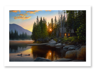 Lake cabin with loons art print