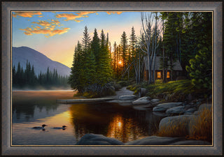 "Calming Waters" - Framed Lake Cabin Sunrise Art Print