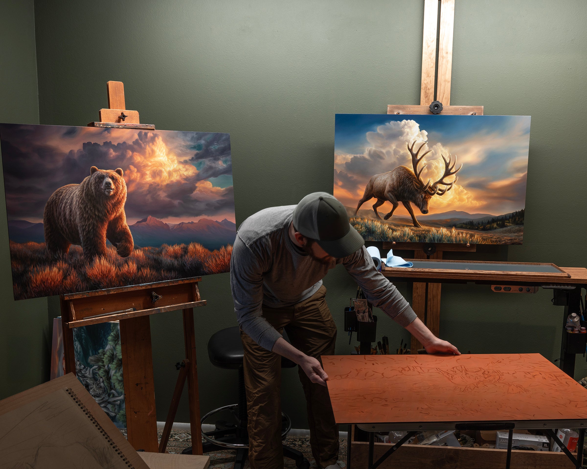 Studio scene with oil paintings