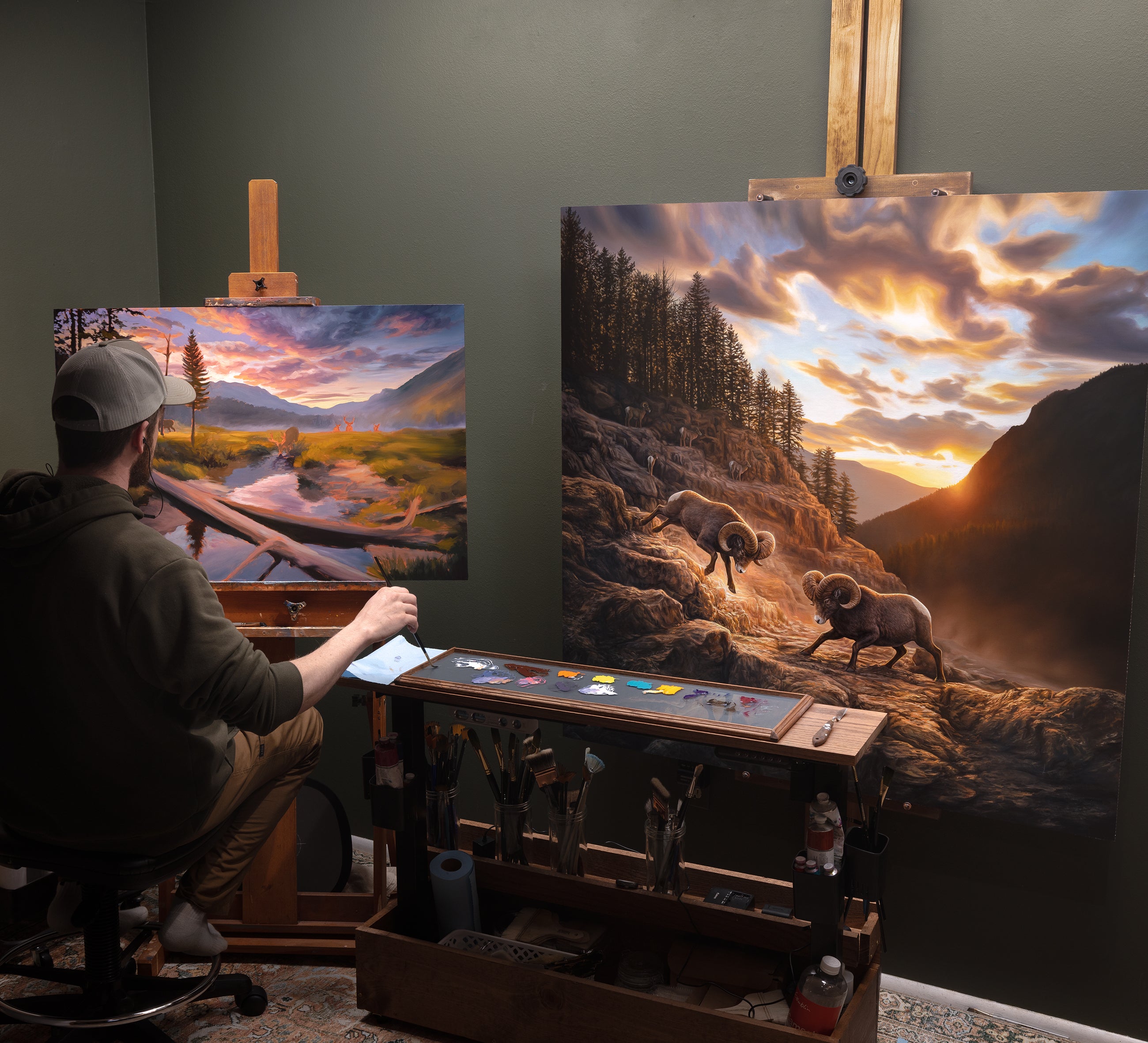 Studio scene with oil paintings