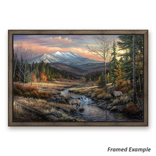 Framed 'A Wanderer's Dream' Wildlife Landscape Canvas Print showcasing a Rocky Mountain Elk in a stunning outdoor scene