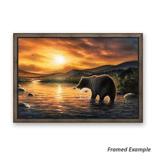 Framed Grizzly Bear Canvas Art Print - majestic grizzly bear and golden sunset