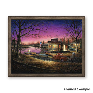 Framed 'Good Times' canvas art depicting a classic Midwest country store under a starry night by a calm lake