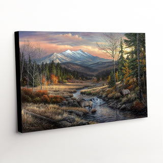 'A Wanderer's Dream' canvas print, vividly capturing the majestic beauty of a Rocky Mountain Elk within a beautiful landscape